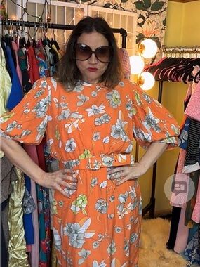 Vintage 1970s Silk Orange Floral Puff-Sleeve Dress with Belted Waist